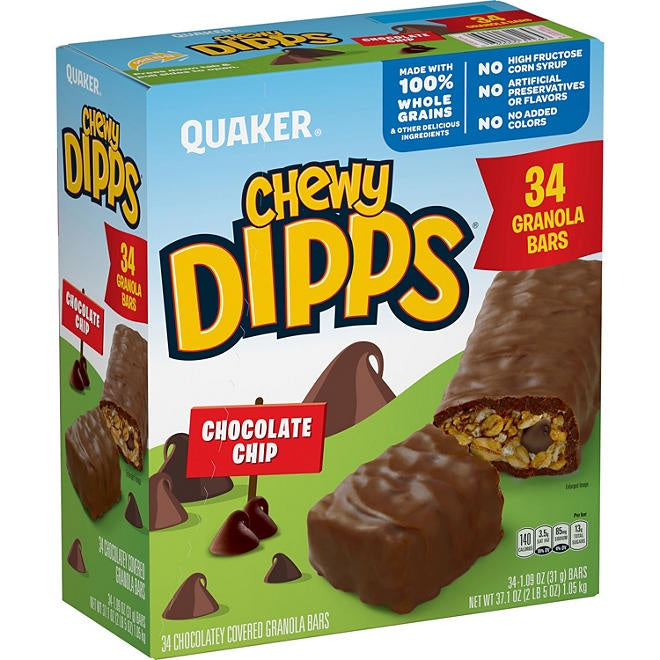 Quaker Chewy Dipps Granola Bars, Chocolate Chip, 34 pk.